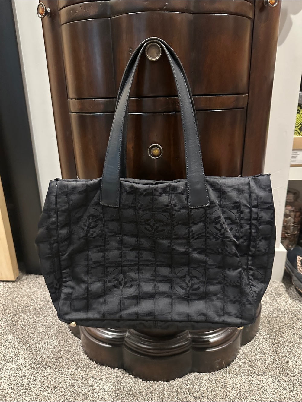 Black Quilted Tote Bag with Subtle Logo Detail